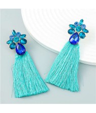 Vintage Flower Cluster Design Long Cotton Thread Wholesale Tassel Earrings - Blue