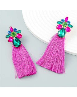 Vintage Flower Cluster Design Long Cotton Thread Wholesale Tassel Earrings - Rose