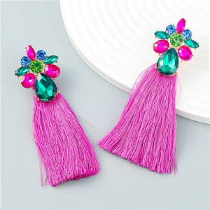 Vintage Flower Cluster Design Long Cotton Thread Wholesale Tassel Earrings - Rose