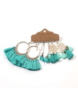 Boho Style Teal Color Tassel Wholesale Hoop Earrings Set