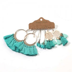 Boho Style Teal Color Tassel Wholesale Hoop Earrings Set