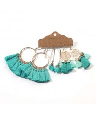 Boho Style Teal Color Tassel Wholesale Hoop Earrings Set