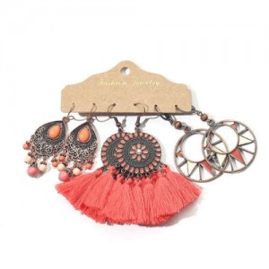 Red Tassel Korean Fashion Bohemian Wholesale Earrings Combo Set