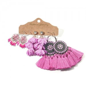 Pink Flowers Inspired Boho Fashion Women Tassel Wholesale Earrings Set