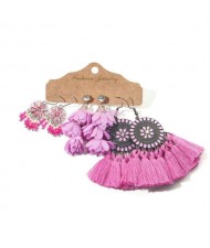 Pink Flowers Inspired Boho Fashion Women Tassel Wholesale Earrings Set