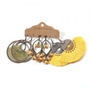 Yellow Color U.S.High Fashion Bohemian Genre Women Tassel and Big Hoop Wholesale Earrings Set