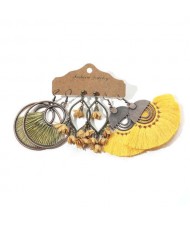 Yellow Color U.S.High Fashion Bohemian Genre Women Tassel and Big Hoop Wholesale Earrings Set