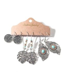 Vintage Rose and Leaves Silver Tassel Bohemian Style 3 pcs Women Wholesale Earrings Set