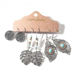 Vintage Rose and Leaves Silver Tassel Bohemian Style 3 pcs Women Wholesale Earrings Set