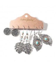 Vintage Rose and Leaves Silver Tassel Bohemian Style 3 pcs Women Wholesale Earrings Set