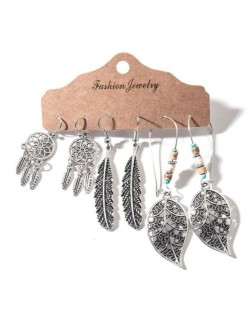 Vintage Leaves Silver Tassel Bohemian Fashion 3 pcs Women Wholesale Earrings Set