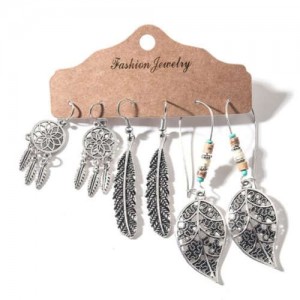 Vintage Leaves Silver Tassel Bohemian Fashion 3 pcs Women Wholesale Earrings Set