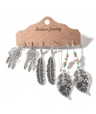 Vintage Leaves Silver Tassel Bohemian Fashion 3 pcs Women Wholesale Earrings Set