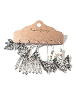 Vintage Maple Leaves and Butterfly Silver Tassel Bohemian Fashion 3 pcs Women Wholesale Earrings Set