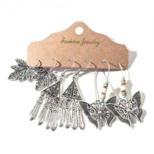 Vintage Maple Leaves and Butterfly Silver Tassel Bohemian Fashion 3 pcs Women Wholesale Earrings Set