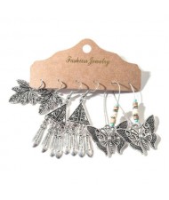 Vintage Maple Leaves and Butterfly Silver Tassel Bohemian Fashion 3 pcs Women Wholesale Earrings Set