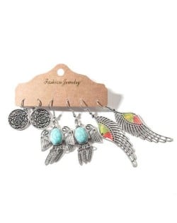 Vintage Rose and Birds Silver Wings Tassel Bohemian Fashion 3 pcs Women Wholesale Earrings Set