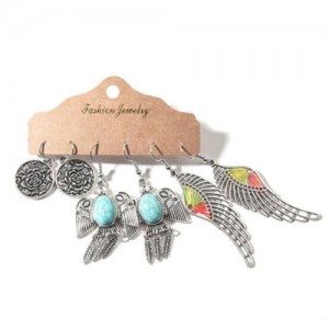 Vintage Rose and Birds Silver Wings Tassel Bohemian Fashion 3 pcs Women Wholesale Earrings Set