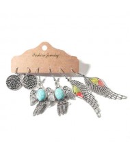 Vintage Rose and Birds Silver Wings Tassel Bohemian Fashion 3 pcs Women Wholesale Earrings Set