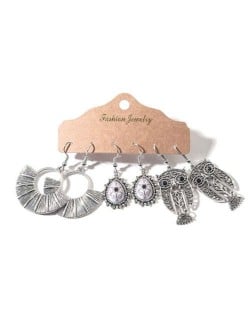 Vintage Owl Design Silver Tassel Bohemian Fashion 3 pcs Women Wholesale Earrings Set