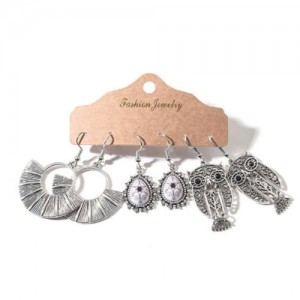 Vintage Owl Design Silver Tassel Bohemian Fashion 3 pcs Women Wholesale Earrings Set