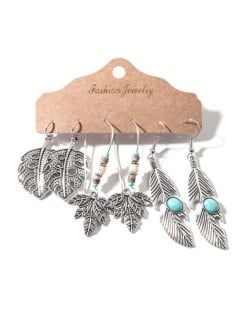 Vintage Leaves and Feather Silver Tassel Unique Bohemian Fashion 3 pcs Women Wholesale Earrings Set