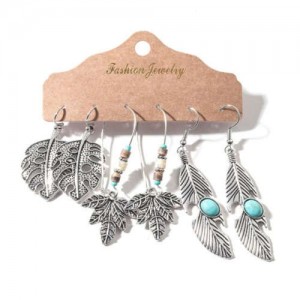 Vintage Leaves and Feather Silver Tassel Unique Bohemian Fashion 3 pcs Women Wholesale Earrings Set