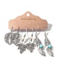 Vintage Leaves and Feather Silver Tassel Unique Bohemian Fashion 3 pcs Women Wholesale Earrings Set