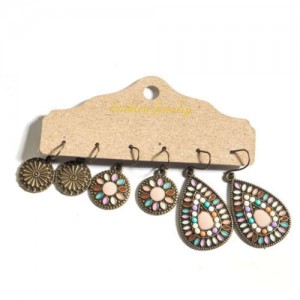 Bohemian Fashion Retro Floral Pattern Oil-spot Glazed Waterdrop Wholesale Earrings Set - Pink