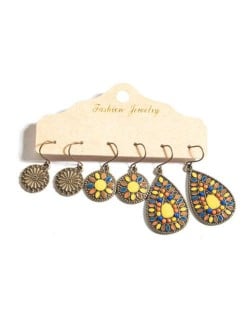 Bohemian Fashion Retro Floral Pattern Oil-spot Glazed Waterdrop Wholesale Earrings Set - Yellow