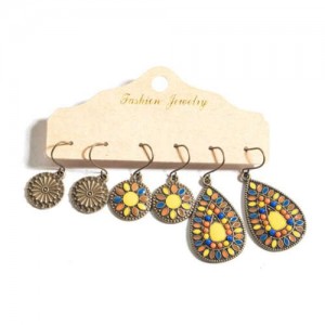 Bohemian Fashion Retro Floral Pattern Oil-spot Glazed Waterdrop Wholesale Earrings Set - Yellow
