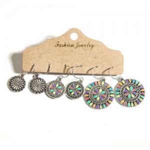 Vintage Round Flower Design Boho Style 3 pcs Women Wholesale Costume Earrings Set