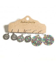 Vintage Round Flower Design Boho Style 3 pcs Women Wholesale Costume Earrings Set