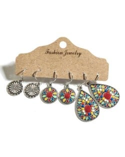 Bohemian Fashion Retro Floral Pattern Oil-spot Glazed Waterdrop Wholesale Earrings Set - Red