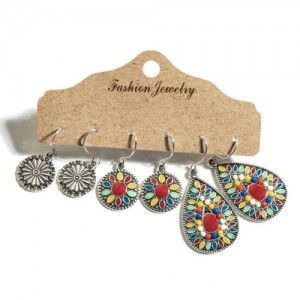 Bohemian Fashion Retro Floral Pattern Oil-spot Glazed Waterdrop Wholesale Earrings Set - Red