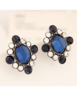 Baroque Style Rhinestone and Glass Rhombus Ear Studs - Ink Blue