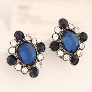 Baroque Style Rhinestone and Glass Rhombus Ear Studs - Ink Blue