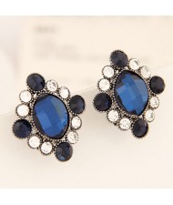 Baroque Style Rhinestone and Glass Rhombus Ear Studs - Ink Blue