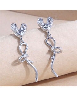 Korean Style All-match Love Heart and Bow Temperament Women Wholesale Stud Earrings - Silver