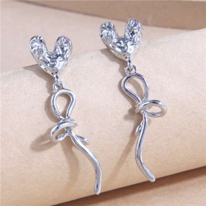 Korean Style All-match Love Heart and Bow Temperament Women Wholesale Stud Earrings - Silver