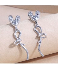 Korean Style All-match Love Heart and Bow Temperament Women Wholesale Stud Earrings - Silver