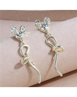 Korean Style All-match Love Heart and Bow Temperament Women Wholesale Stud Earrings - Golden