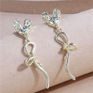 Korean Style All-match Love Heart and Bow Temperament Women Wholesale Stud Earrings - Golden