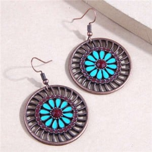European and American Retro Fashion Blue Petals Metallic Wholesale Women Dangle Earrings