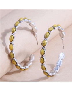 Retro Turquoise Inlaid Metallic Exaggerated Women Temperament Wholesale Fashion Earrings - Yellow