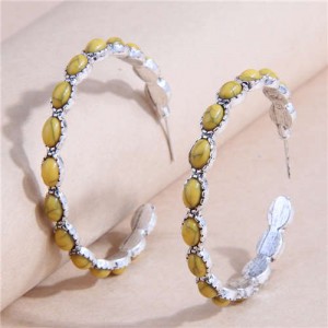 Retro Turquoise Inlaid Metallic Exaggerated Women Temperament Wholesale Fashion Earrings - Yellow