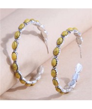 Retro Turquoise Inlaid Metallic Exaggerated Women Temperament Wholesale Fashion Earrings - Yellow