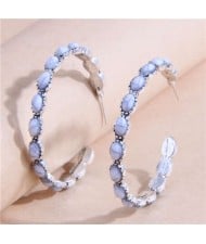 Retro Turquoise Inlaid Metallic Exaggerated Women Temperament Wholesale Fashion Earrings - White