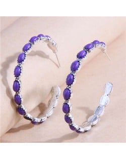 Retro Turquoise Inlaid Metallic Exaggerated Women Temperament Wholesale Fashion Earrings - Purple