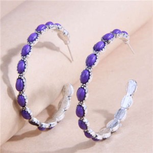 Retro Turquoise Inlaid Metallic Exaggerated Women Temperament Wholesale Fashion Earrings - Purple